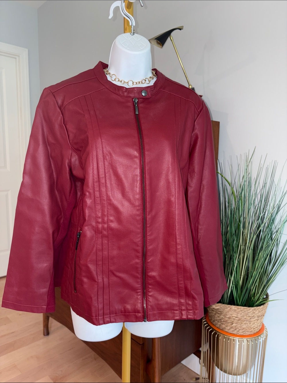 Christopher & Banks Women's Red Faux Leather Zip Front Jacket